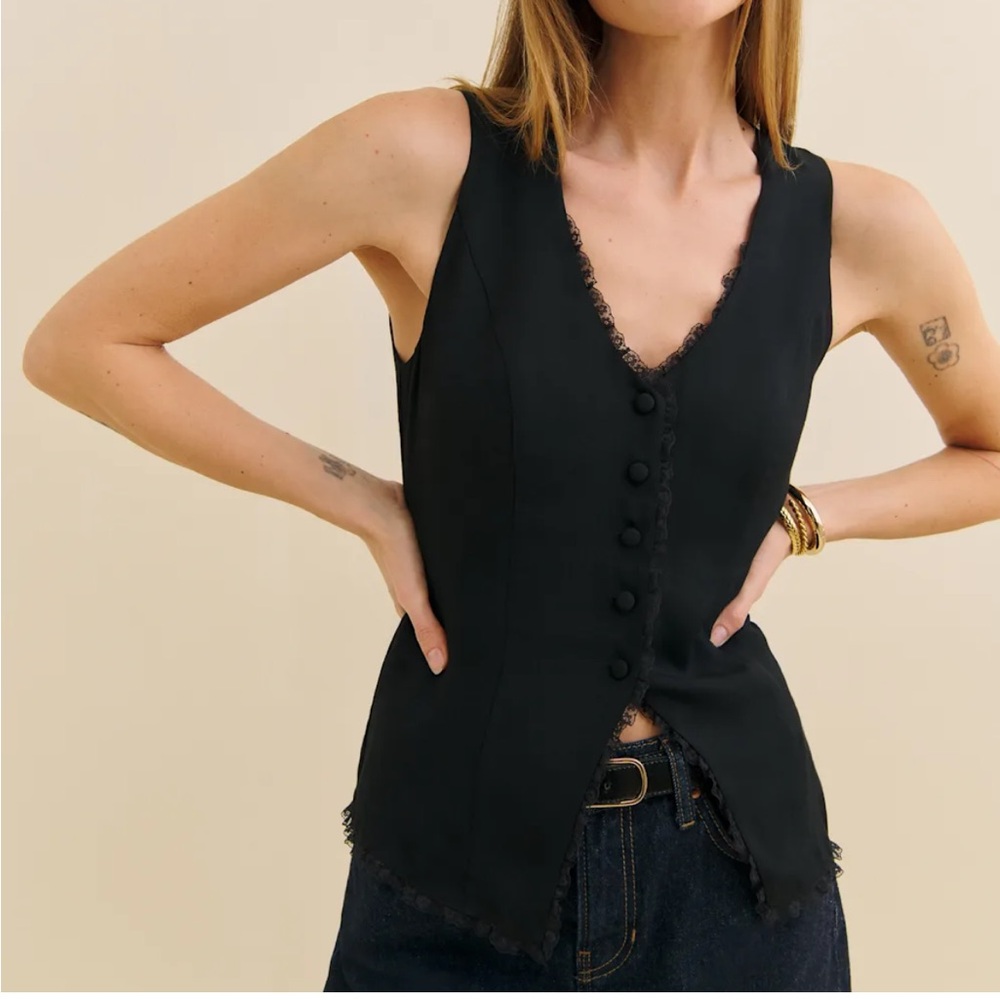 Reformation Black Sleeveless Button Front Lace-Trim Top